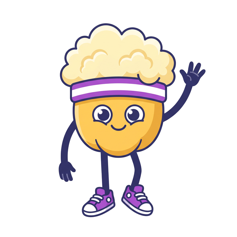 Popcorn, the Mindpop mascot, waving